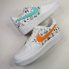 A vibrant doodle Air Force 1 for a client who loves food, travel, and working out. The mismatched swooshes in orange and teal add a fun pop of color.