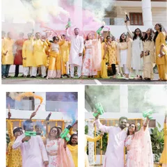 The Haldi celebration gets a colorful boost with smoke bombs. It's a great way to add energy and vibrancy to the group photos with friends and family.