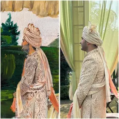 A side-by-side comparison of the groom and his portrait in the painting. I focus on capturing not just the likeness but also the personality and the intricate details of the sherwani.