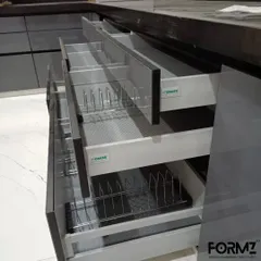 Another example of our high-capacity drawer systems. These Grass tandem drawers feature non-slip mats and adjustable dividers, perfect for storing pots, pans, and other large utensils in an organized manner.