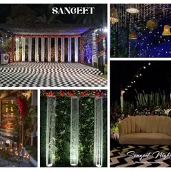 A modern Sangeet night theme with a checkered dance floor and unique lighting. I used bubble tube lights and hanging bells to create a cool, contemporary vibe for this party.