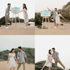 A collection of moments from the creative "painting on the beach" shoot, showing both the activity and the romantic portraits.