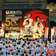 A wide view of a training session at the 1st JKA India Invitational International Karate Camp. These events provide an unparalleled opportunity for students to train under the direct guidance of senior Shihans from Japan.