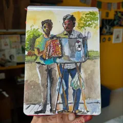 This watercolor sketch is of Sanjay bhaiya and his bhel puri cart. He inherited the business from his father, and tasting his bhel puri always takes me back to my childhood. It’s these connections that I love to document.