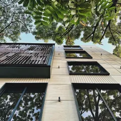 A low-angle view of our mixed-use project, where the modern facade is framed by lush green trees, and their reflections are captured in the windows.