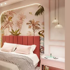 A close-up of the tropical-themed accent wall in the pink children's bedroom. The vibrant wallpaper and custom upholstered headboard create a focal point that is full of personality and charm.