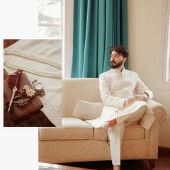 A collage showing the groom in a relaxed pose, alongside detail shots of his accessories. It's a stylish portrait that captures his personality.