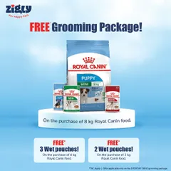 A special offer in partnership with Royal Canin. Get a free grooming package or free wet food pouches with the purchase of select Royal Canin dog food.