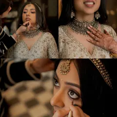 A collage showing the getting-ready process on a wedding day. From applying the perfect lip color to defining the eyes with kohl, these moments are part of the bridal story. The final look is a cohesive, elegant style that complements her intricate white lehenga and oxidized silver jewellery.