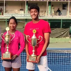 Our player Shruti Gupta celebrating a double victory, winning both the Women's Singles and Doubles titles at the state championship in her hometown of Calcutta.