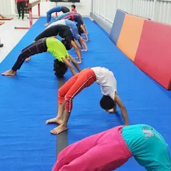 A line of students practices their back bridges, a fundamental exercise for developing a flexible spine and strong shoulders.