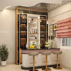 This custom bar unit is designed to be a stylish entertainment hub. It features a curved counter, elegant bar stools, and ample storage with glass-fronted cabinets for your collection.
