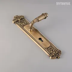 The Monsella door lever in an antique brass finish. The handle's form is complemented by an ornamental backplate with intricate floral and scroll details, making it a statement of artisan craftsmanship.