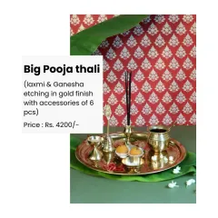 This big pooja thali set features Lakshmi and Ganesha etchings in a gold finish and comes with six essential accessories for your rituals.