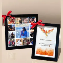 A perfect duo of personalized frames. I created a photo collage to capture multiple memories in one place, alongside a custom quote frame to deliver a powerful, motivational message for a recent graduate.