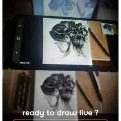This image shows how you can follow along live, with a phone displaying the instructor's drawing right next to the student's own sketch.