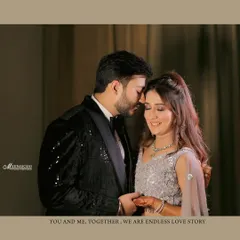 An intimate portrait of a couple on their engagement night, sharing a quiet moment together. The caption "You and me, together, we are an endless love story" perfectly sums up the feeling.