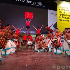 A wide shot capturing the full ensemble of performers, including Chenda Melam drummers and army acrobats, at the 'Vijay Parv' event. I make sure to get shots that show the scale and collaborative energy of a performance.