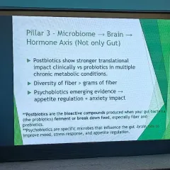 A slide from my presentation highlighting one of the three pillars of my approach: the Microbiome-Brain-Hormone Axis. I discussed how the diversity of fiber is more important than the grams of fiber for supporting this crucial system.