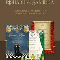 A glimpse into a multi-event wedding suite for Rishabh and Samidha. I designed distinct yet cohesive invitations for the Ganesh Pooja, Mehendi, and a glamorous Cocktail Night, each telling a part of their wedding extravaganza story.