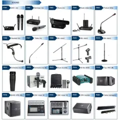 A selection of my professional sound rental equipment. I have everything from AKG, Sennheiser, and Shure microphones (handheld, collar, podium) to JBL speakers and QSC audio mixers for crystal clear sound.