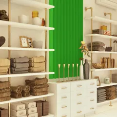 This section shows the display for home goods like towels and linens. The open shelving is made with industrial-style piping for a modern look, providing ample, organized space for folded items.