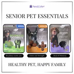 To support your senior pet's health, we offer a curated selection of essentials. This image displays vet-recommended products from Ark Naturals, including brushless toothpaste for easy dental care, "Happy Joints" for mobility, and "Brain's Best Friend" for cognitive support.