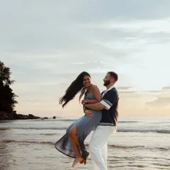 The pure, uninhibited joy of an elopement shoot. We captured this playful lift on the shores of Phuket, a perfect example of the laughter and friendship that are at the heart of every love story we tell.