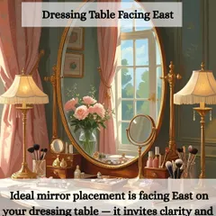 For your dressing table, the ideal placement for the mirror is facing East. This direction is associated with the rising sun and new beginnings, inviting clarity, good fortune, and positive energy into your daily routine as you get ready.