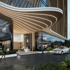 A detail of the entrance canopy, showing how the illuminated lines guide visitors into the building while highlighting the structure's complex, organic form.