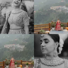 A collection of stunning bridal portraits in Mussoorie. The mix of joyful color shots and emotive black and white frames captures the bride's personality, from her radiant laughter to her serene, contemplative moments.