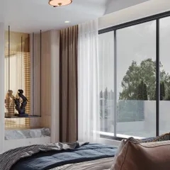 A close-up perspective from the bed, focusing on the view outside and the delicate, suspended bedside shelf. This shot is about evoking the feeling of waking up in a luxurious, light-filled space.
