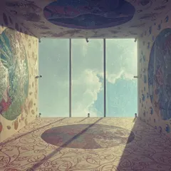 An immersive view of "The Thinai Project," a four-wall installation in a private residence. Each wall is a massive painting on silk, inspired by ancient Tamil landscapes and reinterpreted through a feminist lens. This photo, looking up towards the skylight, shows how the art interacts with natural light to create a living, breathing environment.