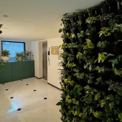 We designed this biophilic entry foyer to create a welcoming and soothing first impression. A full-height living wall brings vibrant nature indoors, contrasting beautifully with the polished floors and clean, modern lines of the space.
