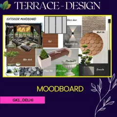 The moodboard for our GK1 terrace project. This is a crucial first step where we define the material palette, color scheme, and overall aesthetic, combining elements like wood, stone, and various textiles to create a cohesive vision.