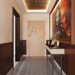 A bold and artistic entryway with patterned floor tiles, dark wood wall paneling, and a large, dramatic painting of Lord Shiva as the focal point.