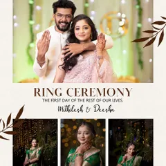 A collage from a ring ceremony, showing the happy couple and elegant portraits of the bride in her green saree.