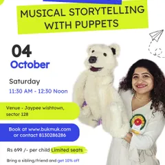 This is what my musical storytelling sessions look like. I combine stories with puppets, like my popular polar bear, to create an interactive and fun experience for children aged 4 to 9. These events are held in small groups to ensure every child gets to participate.
