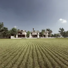 A wide-angle rendering of the "Pavilions in the Fields" project. The design emphasizes the horizontality of the landscape, with the homes acting as low-slung, transparent volumes that sit lightly upon the earth and offer panoramic views.