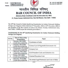 This is an official notice from the Bar Council of India detailing the schedule for the 18th qualifying examination for Indian nationals with foreign law degrees. It covers key papers like Constitution of India, CrPC, and Contract Law.
