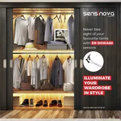 Illuminate your wardrobe in style. This graphic illustrates how a compact Sensinova sensor can trigger integrated lighting inside your closet, ensuring you never lose sight of your favorite items.