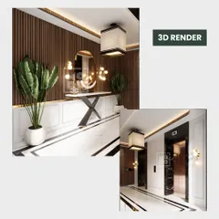 Our 3D rendering for the Santacruz lobby project. This visualization showcases the planned material palette, including wood-panelled walls, marble flooring with black inlay, and specific lighting fixtures, giving the client a clear and accurate preview of the final space.