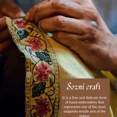 Sozni is a fine and delicate form of hand embroidery, renowned for its exquisite detail. We draw inspiration from this textile art, incorporating its motifs and precision into our designs to add a layer of softness and cultural richness.