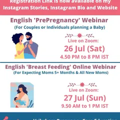 An upcoming schedule for my English 'Pre-Pregnancy' and 'Breast Feeding' online webinars. These live sessions are a great way to get your questions answered in a supportive environment.