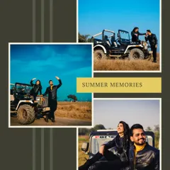 A collage from a fun and adventurous pre-wedding shoot with a jeep, capturing the couple's playful and free-spirited side.