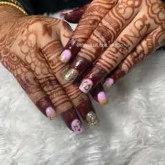 Another angle of the custom engagement nails, showing how the design looks from a different perspective. The combination of personalized art and glitter ombré tips creates a truly unique and memorable set.