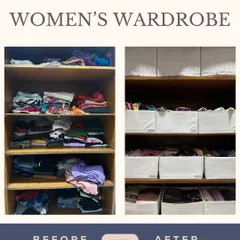This is the reality of so many wardrobes before we start: piles of clothes that make you feel like you have nothing to wear. The 'after' shows how creating simple, labeled categories in bins can bring instant calm and make getting dressed a joy again.