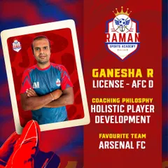 Introducing Coach Ganesha R, an AFC 'D' licensed coach. He is a firm believer in holistic development, focusing on building well-rounded players with strong technical and personal skills.