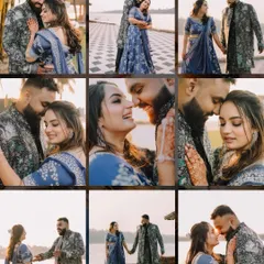 A collage of vibrant moments from a Sangeet night. It showcases the dancing, the laughter, and the romantic portraits that tell the story of a lively celebration of love.