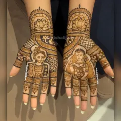 Bride and groom portraits are perfect for Karwa Chauth too. This design features classic portraits framed by lotus motifs, celebrating the bond of marriage.